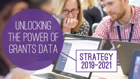 Front cover of 2019-21 strategy. Title: Unlocking the power of grants data