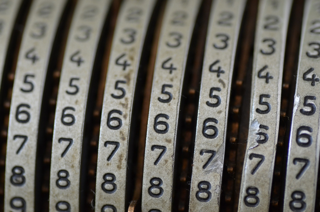 Numbers on a mechanical calculator. Courtesy https://www.flickr.com/photos/grandmaitre/5846058698/