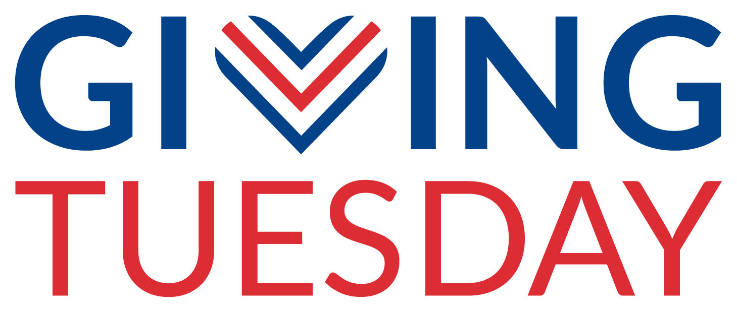 'Giving Tuesday' lettering in capitals, Blue and red colour. The 'v' of Giving is blue, red and white striped.