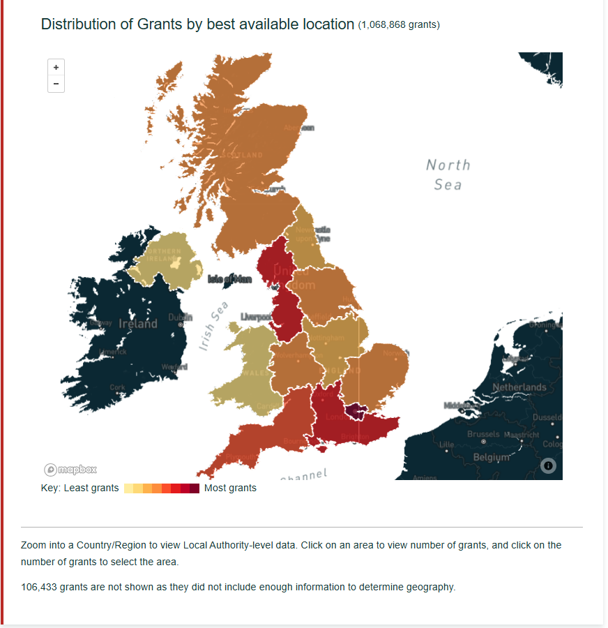 Screenshot of the heatmap available in the Grant Locations section on GrantVis. The map is of the UK with different areas shaded in different colours.  A colour scale is used from yellow, representing the fewest number of grants, to a dark red, identifying the largest number of grants.