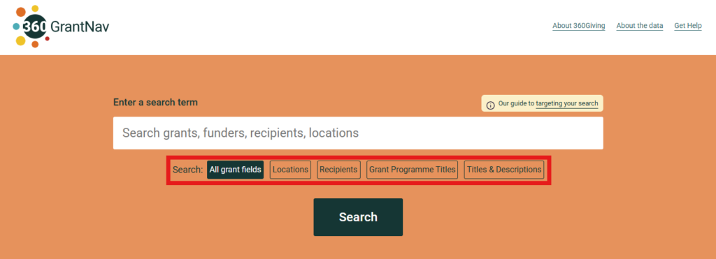  Screenshot of the top of a GrantNav search results page with a red box highlighting the section below the search bar, where there are five different search modes that can be applied.