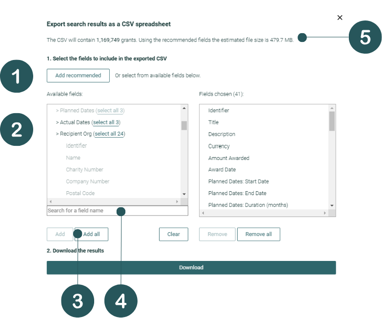 Screenshot of the pop-up that appears when you click on ‘Custom CSV’. It includes sections that allow you to add and remove columns to create a custom download file.