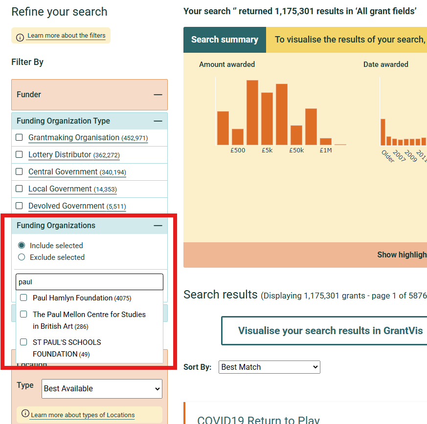 Screenshot from a GrantNav search results page showing a selection of the filters available on the left-hand side of the page, with an example highlighted with a name keyed into the Funding Organization filter and the drop down showing the available matches and the number of grants for each match in  brackets.